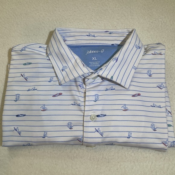 Johnnie O Polo Shirt AOP Surfers Striped Mens Size‎ L Golf White Rare Print - Picture 1 of 8